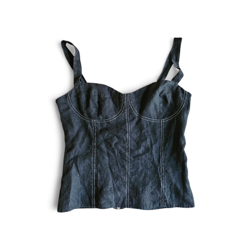 Reformation Black Libra Denim Corset Goth White Stitching Top
